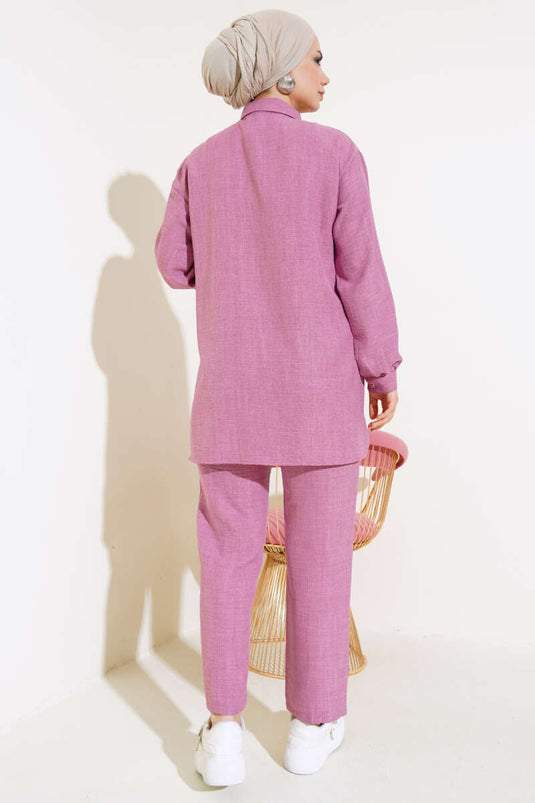 Önü Boncuklu Keten İkili Takım Gül Kurusu