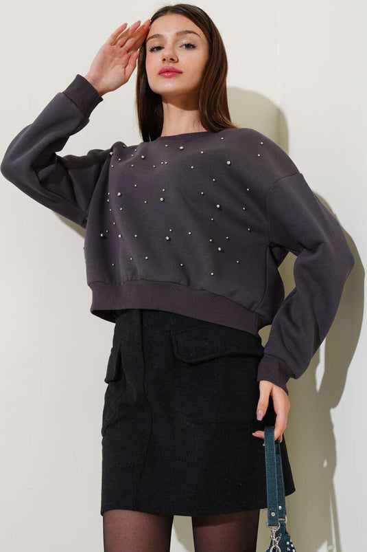 Sweat-shirt court à trois fils avec perles sur le devant, couleur fumée