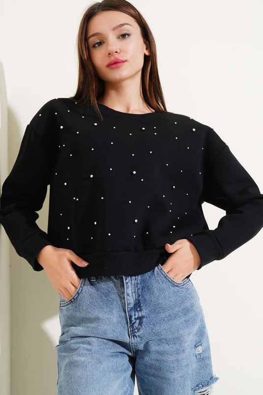 Sweat-shirt court noir à trois fils perlés sur le devant