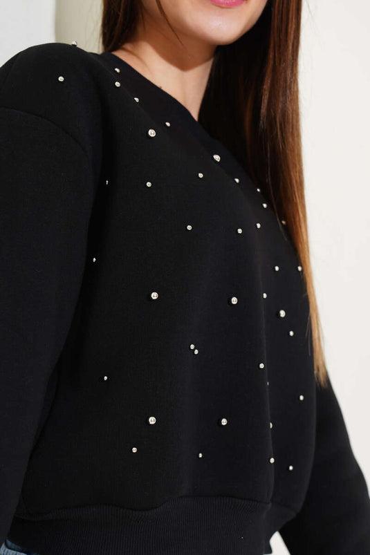 سويت شيرت قصير من الأمام بثلاثة خيوط من الخرز باللون الأسود