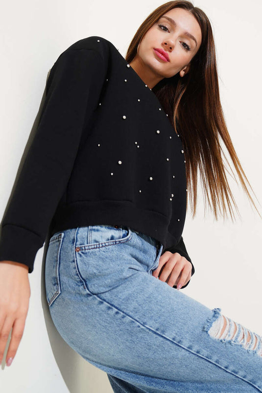 سويت شيرت قصير من الأمام بثلاثة خيوط من الخرز باللون الأسود