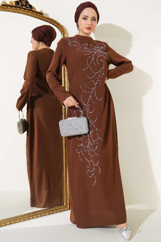 Plus Size Dress with Stones on the Front, Tan