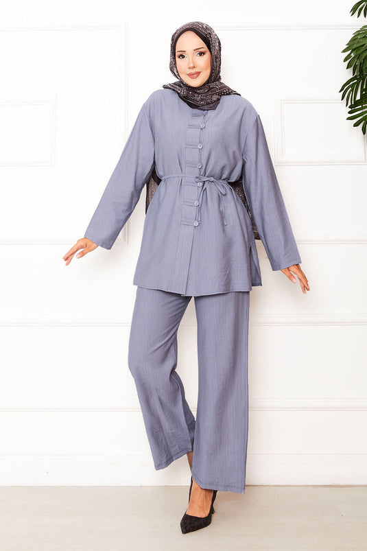 Front Brit Detailed Waist Removable Lace-Up Two Piece Set Gray