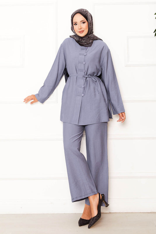 Önü Brit Detaylı Beli Seyyar Bağcıklı İkili Takım Gri