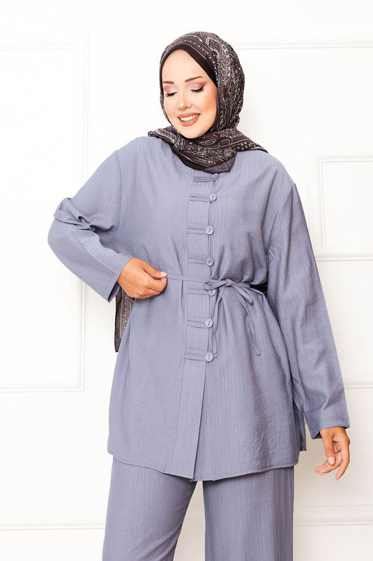 Önü Brit Detaylı Beli Seyyar Bağcıklı İkili Takım Gri