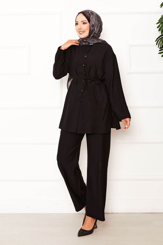 Front Brit Detailed Waist Removable Lace-Up Two Piece Set Black