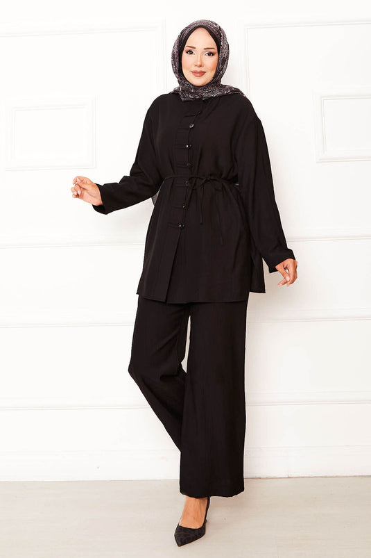 Ensemble deux pièces à lacets amovibles et taille détaillée sur le devant, noir