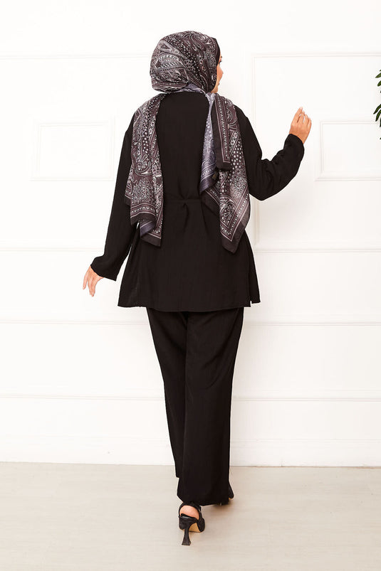 Front Brit Detailed Waist Removable Lace-Up Two Piece Set Black