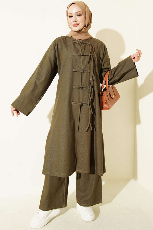 Front Button Detail Khaki Two-Piece Set
