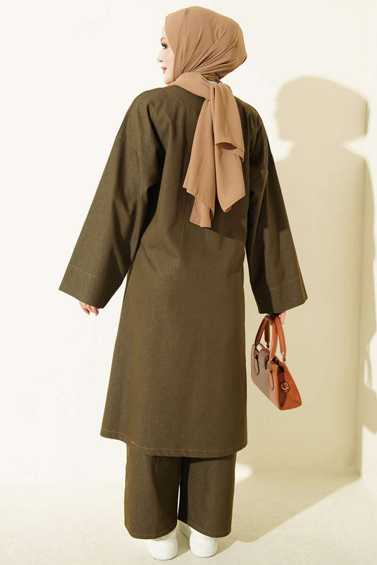 Front Button Detail Khaki Two-Piece Set