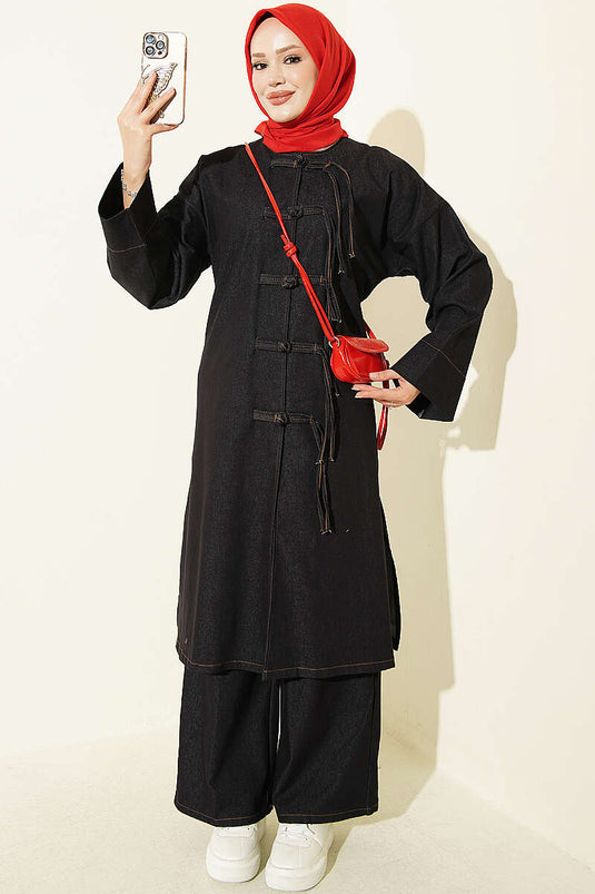 Navy Blue Double Set With Front Button Detail