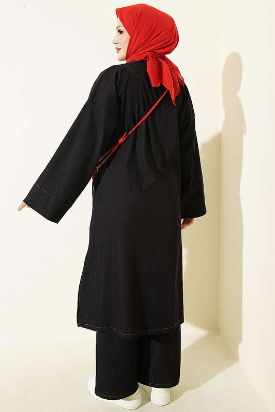 Navy Blue Double Set With Front Button Detail