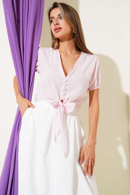 Önü Brit Düğmeli Bağlamalı Crop Pembe