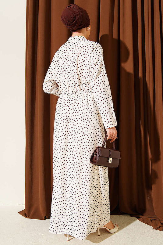 Beige Polka Dot Dress with Front Ruching Detail