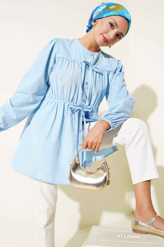 Baby Blue Shirt with Drawstring and Lace Front