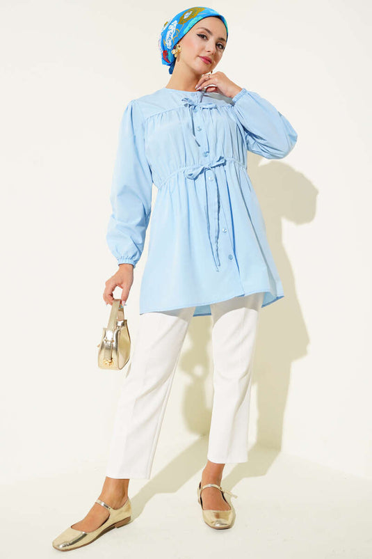 Baby Blue Shirt with Drawstring and Lace Front