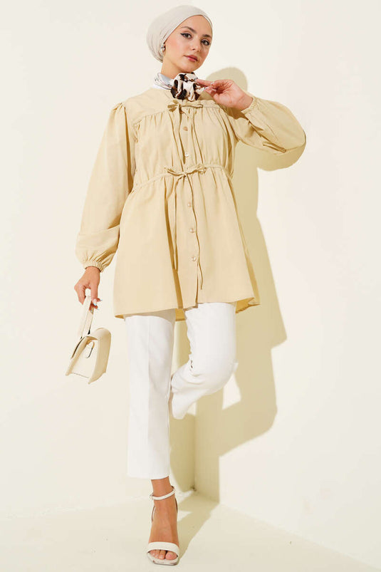 Önü Büzgülü Bağcıklı Gömlek Bej