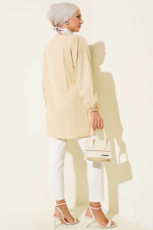 Önü Büzgülü Bağcıklı Gömlek Bej