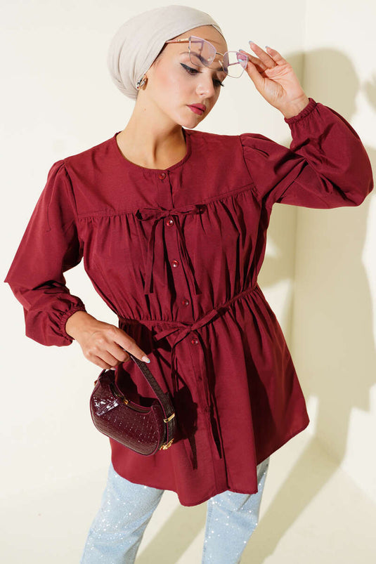 Burgundy Shirt with Drawstring and Lace Front
