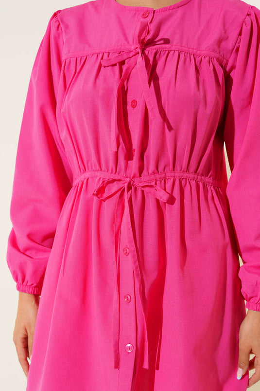 Önü Büzgülü Bağcıklı Gömlek Fuşya