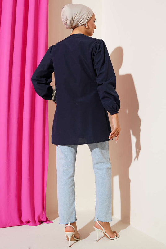 Önü Büzgülü Bağcıklı Gömlek Lacivert