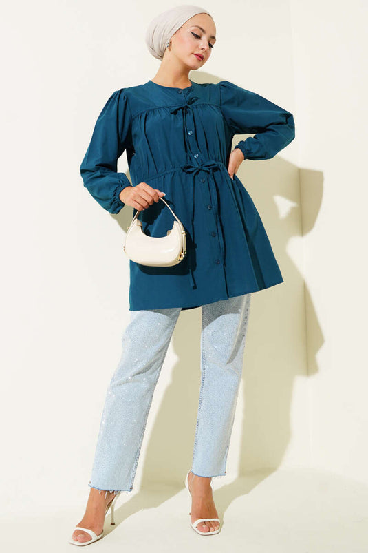 قميص بترولي مكشكشة برباط أمامي