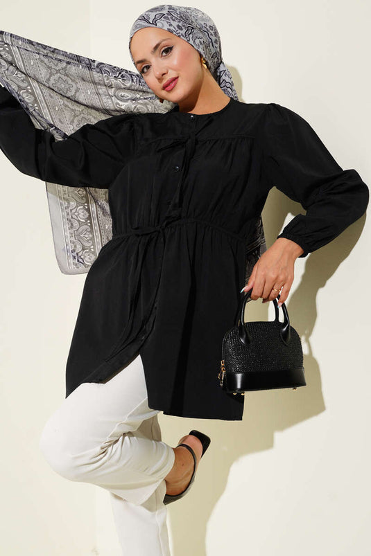 Önü Büzgülü Bağcıklı Gömlek Siyah