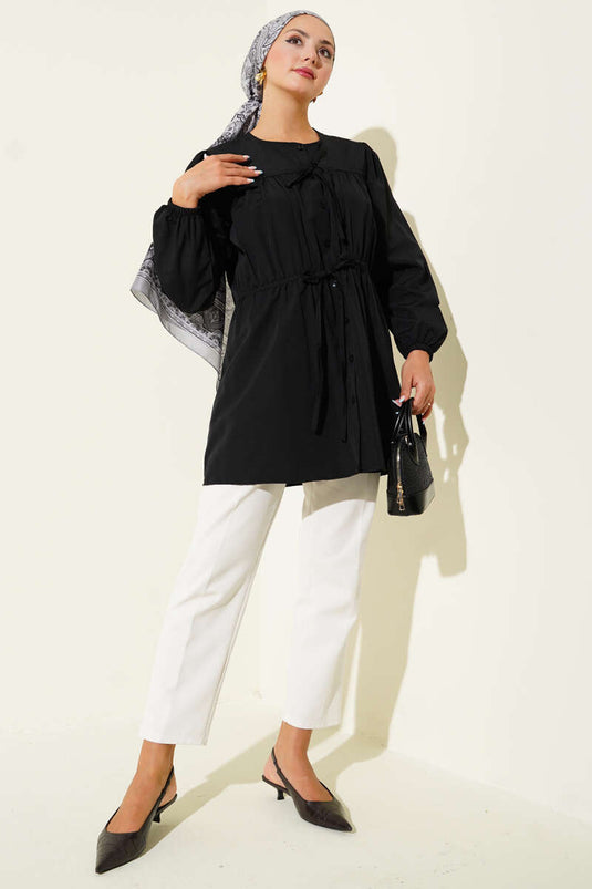 Önü Büzgülü Bağcıklı Gömlek Siyah