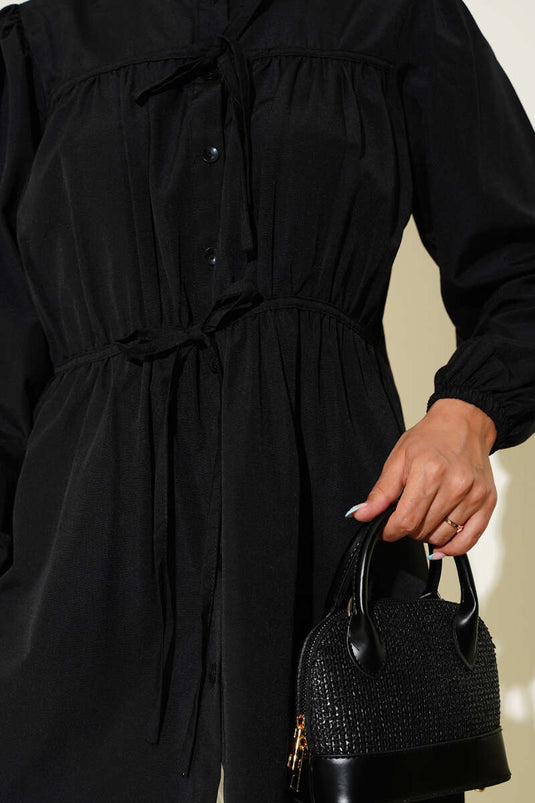 Önü Büzgülü Bağcıklı Gömlek Siyah