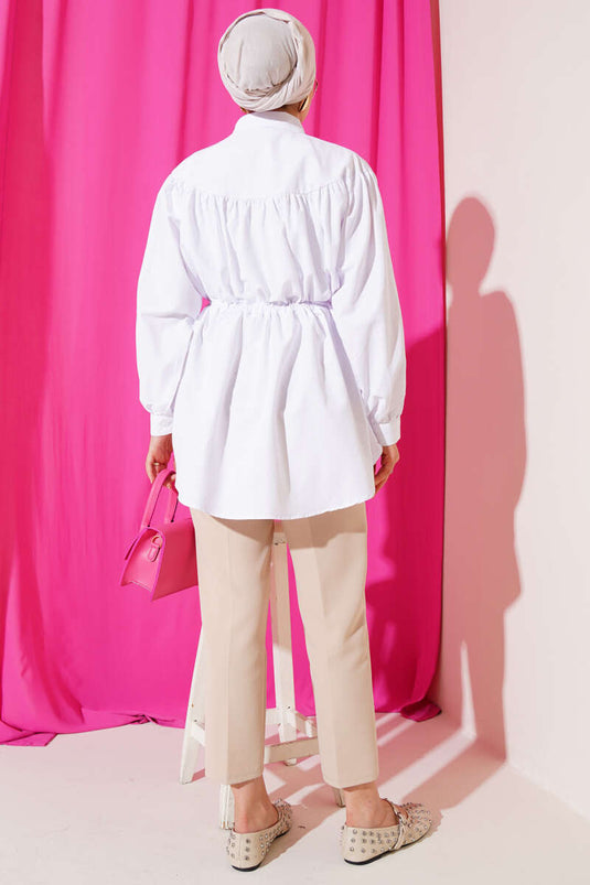 Önü Büzgülü Bel Tünelli Gömlek Beyaz