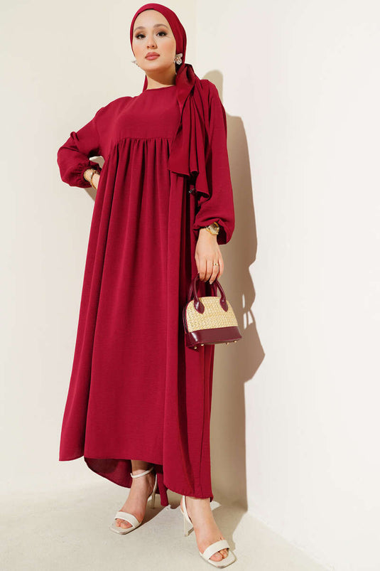 Burgundy Dress with Gathered Front and Elasticated Ankles
