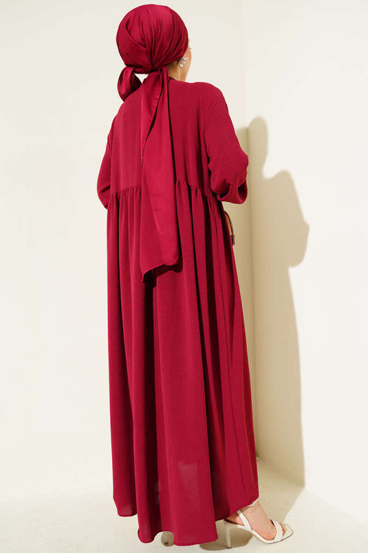 Burgundy Dress with Gathered Front and Elasticated Ankles