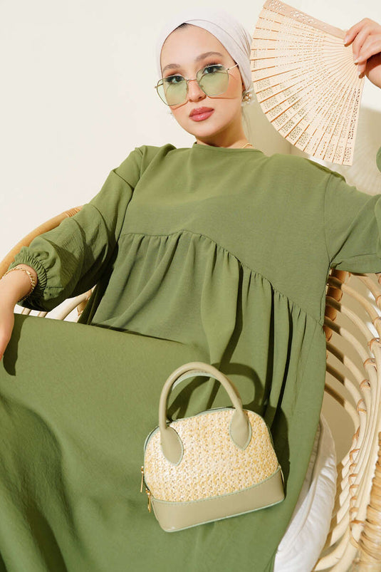 Khaki Dress with Gathered Front and Elasticated Ankles