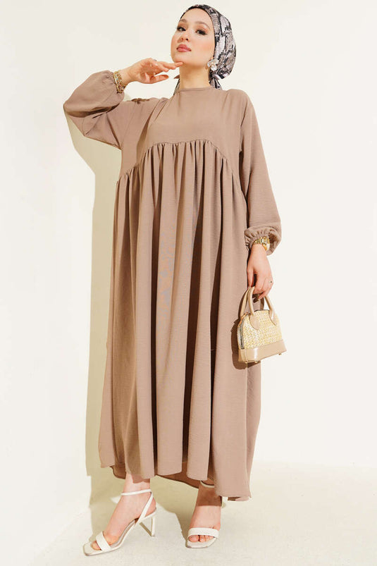 Front Gathered Dress with Elasticated Cuffs, Mink Color