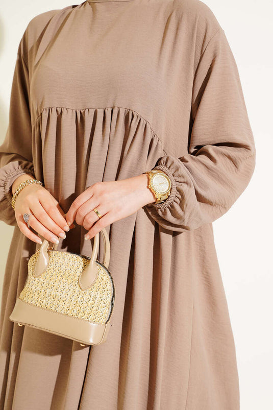 Front Gathered Dress with Elasticated Cuffs, Mink Color