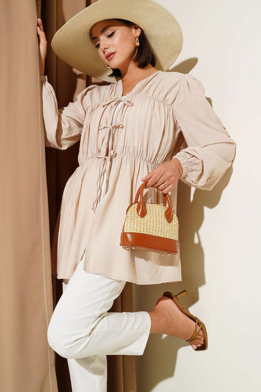 كيمونو بيج مع طيات أمامية ومعصمين مطاطيين