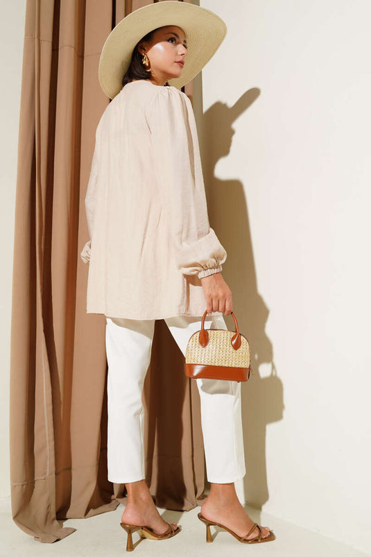 Önü Büzgülü Bilekleri Lastikli Kimono Bej