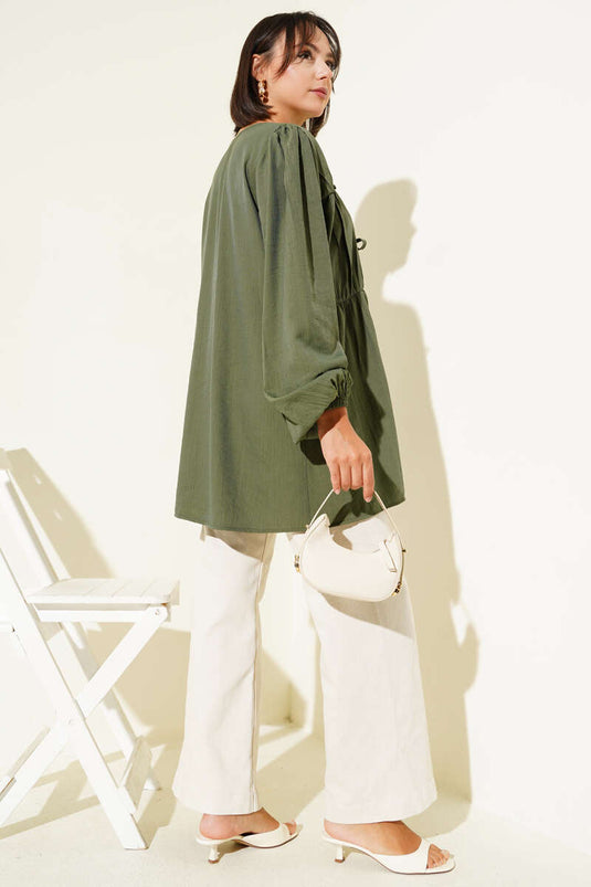 Önü Büzgülü Bilekleri Lastikli Kimono Haki