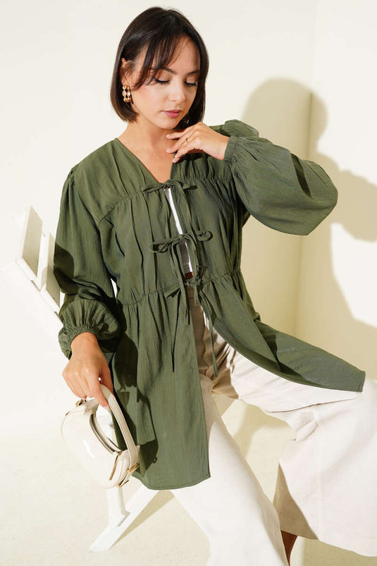 Önü Büzgülü Bilekleri Lastikli Kimono Haki