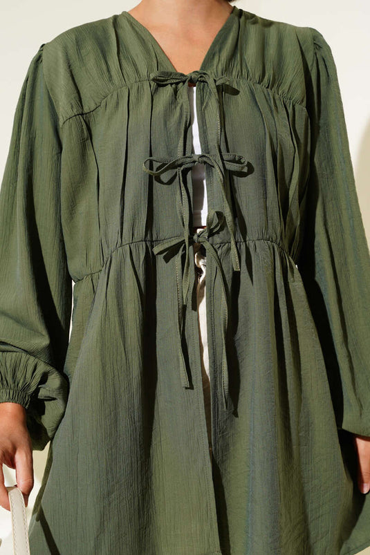 Önü Büzgülü Bilekleri Lastikli Kimono Haki