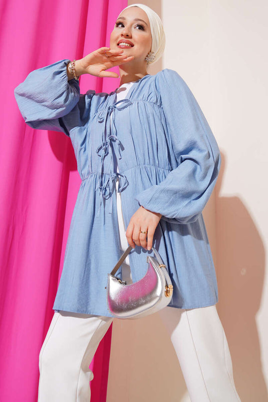 Önü Büzgülü Bilekleri Lastikli Kimono Mavi