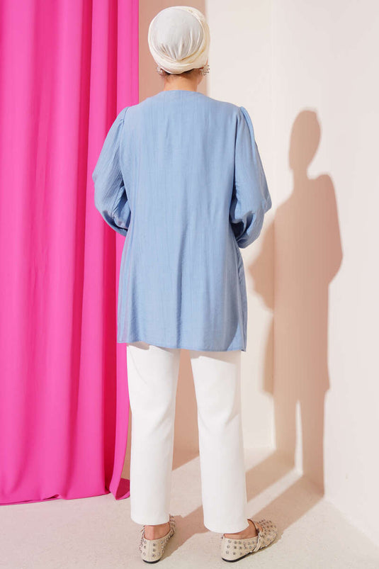 Önü Büzgülü Bilekleri Lastikli Kimono Mavi