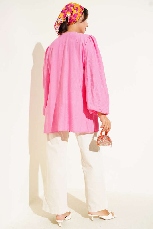 Önü Büzgülü Bilekleri Lastikli Kimono Pembe