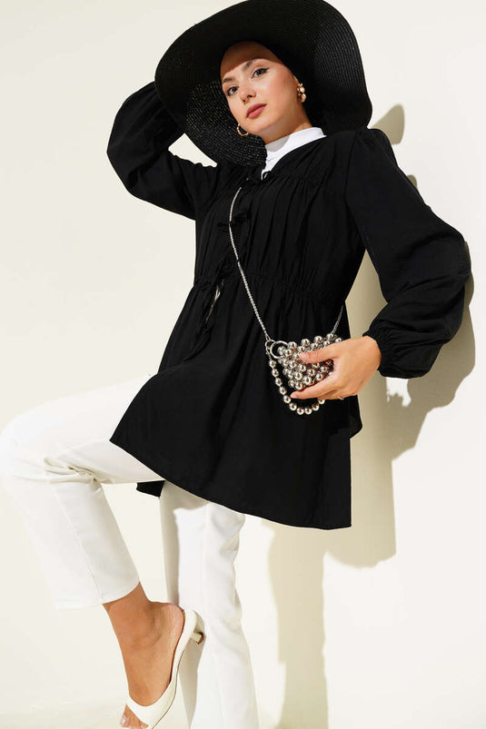 Önü Büzgülü Bilekleri Lastikli Kimono Siyah