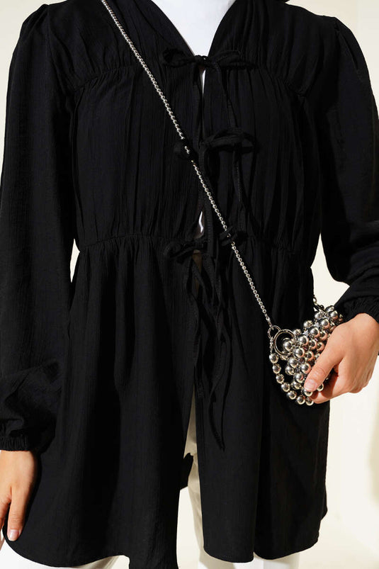 Önü Büzgülü Bilekleri Lastikli Kimono Siyah