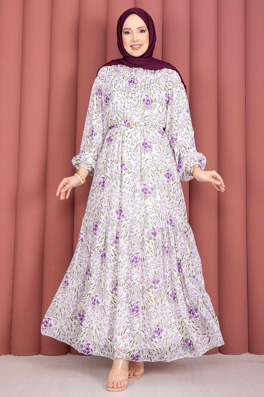 Robe Modeste en Chiffon à Motifs avec Fronces Avant Blanc - Violet