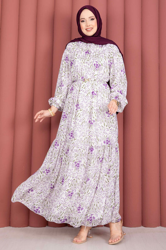 Robe Modeste en Chiffon à Motifs avec Fronces Avant Blanc - Violet
