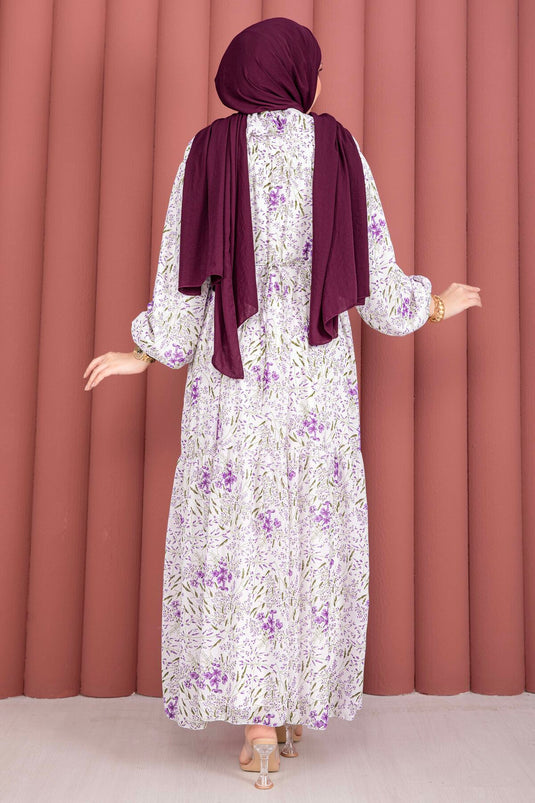 Robe Modeste en Chiffon à Motifs avec Fronces Avant Blanc - Violet