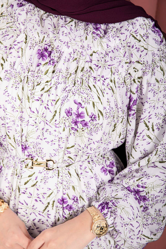Robe Modeste en Chiffon à Motifs avec Fronces Avant Blanc - Violet