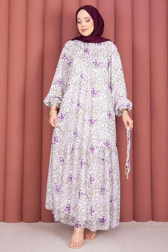 Robe Modeste en Chiffon à Motifs avec Fronces Avant Blanc - Violet